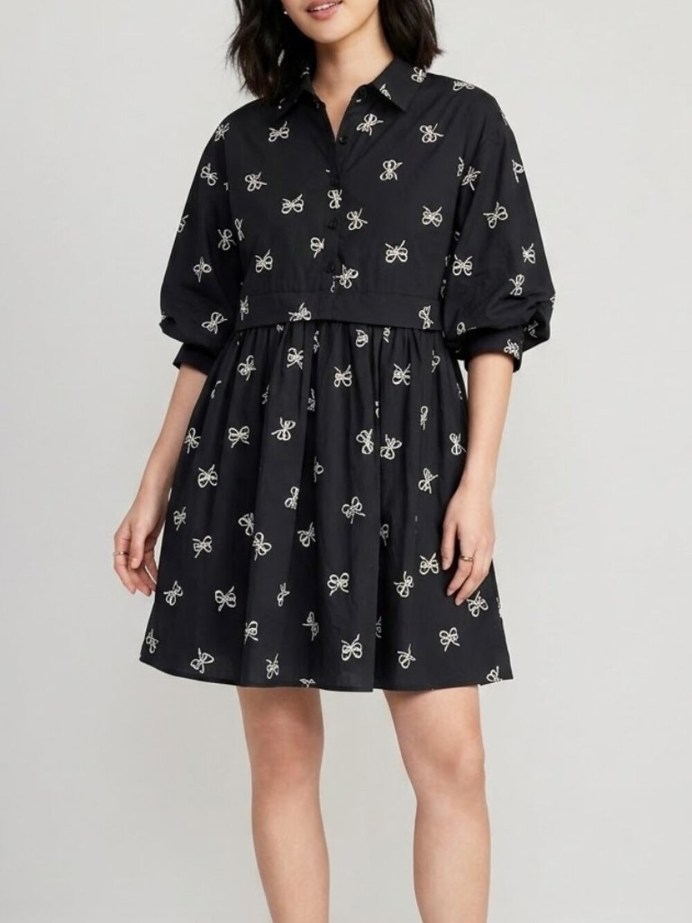 Entro Bow Print Babydoll Mini Dress Black Puff Sleeve Size Small Cottagecore Y2K